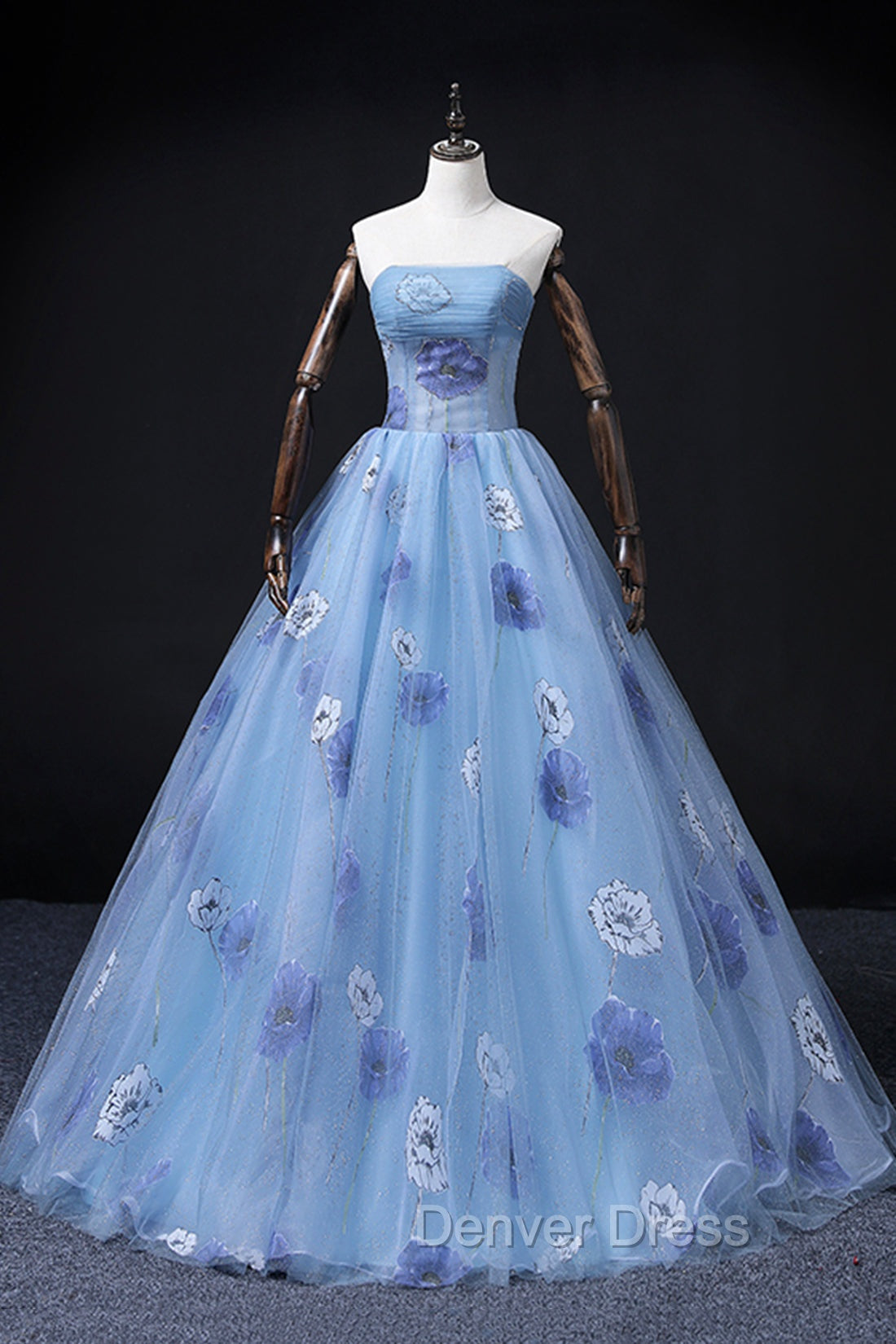 Floral Tulle Long Prom Dress, Blue Short Sleeve Prom Dresses