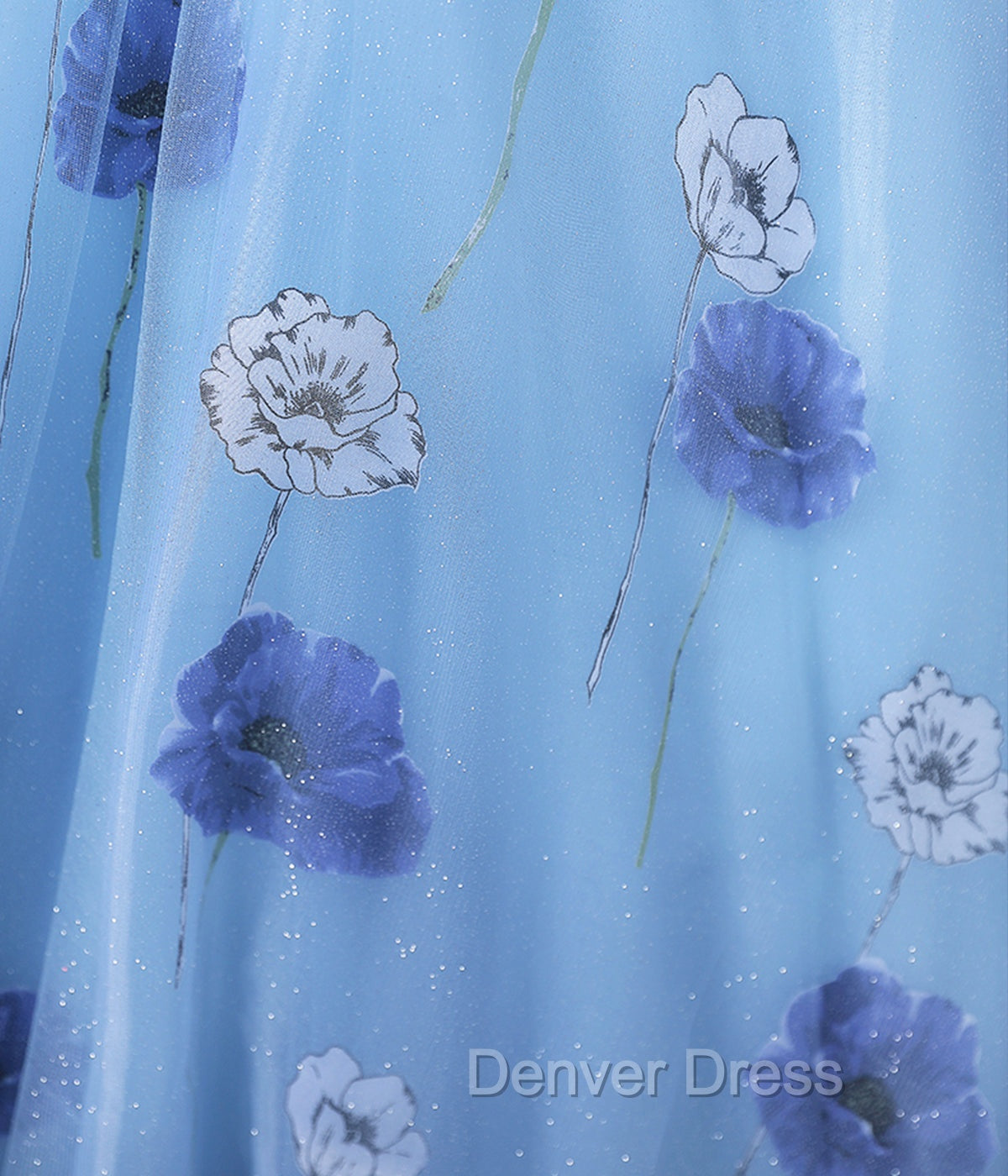 Floral Tulle Long Prom Dress, Blue Short Sleeve Prom Dresses