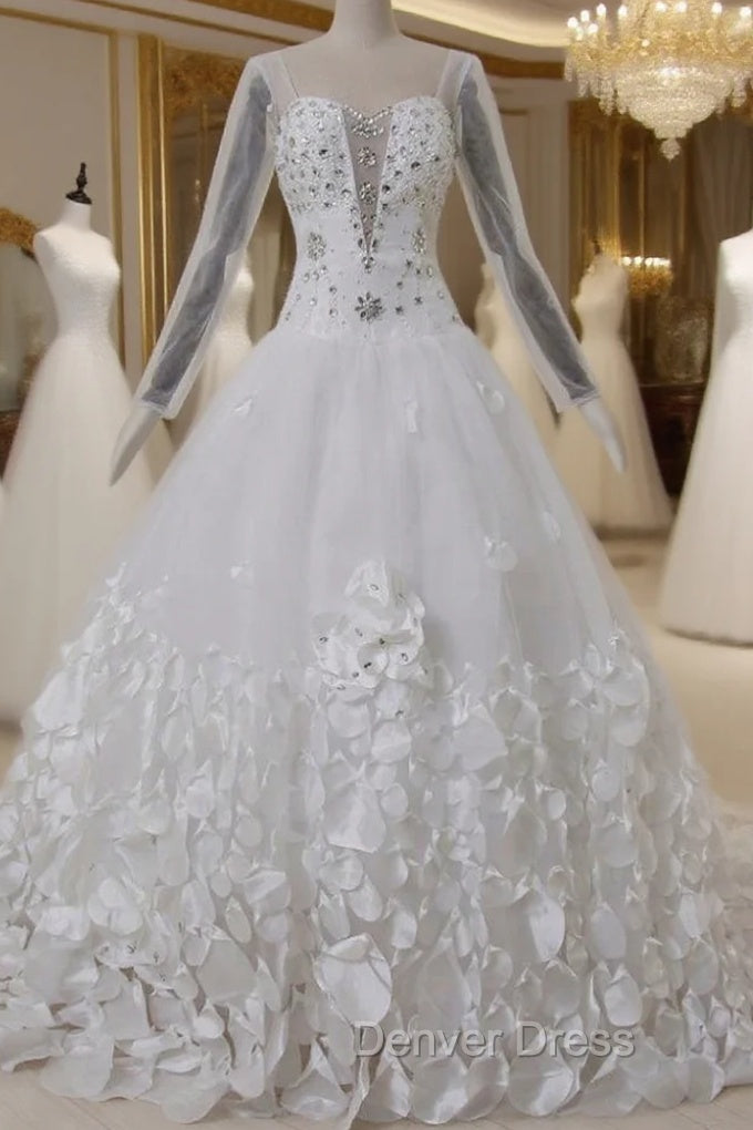 Flower Crystal Petals Train Long Leeves Backless Wedding Dresses