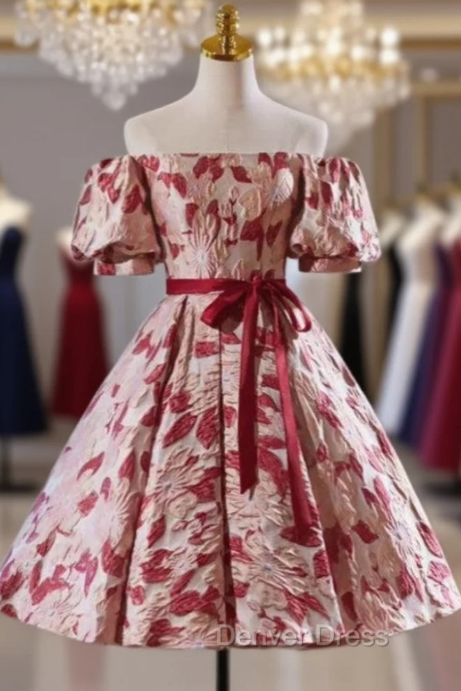 Flower Short Sleeve Off the Shoulder Homecoming Dresses Main image