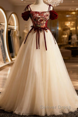 Flowers Champagne Long Tulle Prom Dresses with Straps