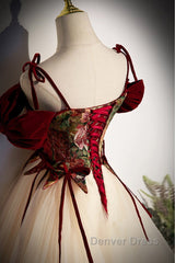 Flowers Champagne Long Tulle Prom Dresses with Straps