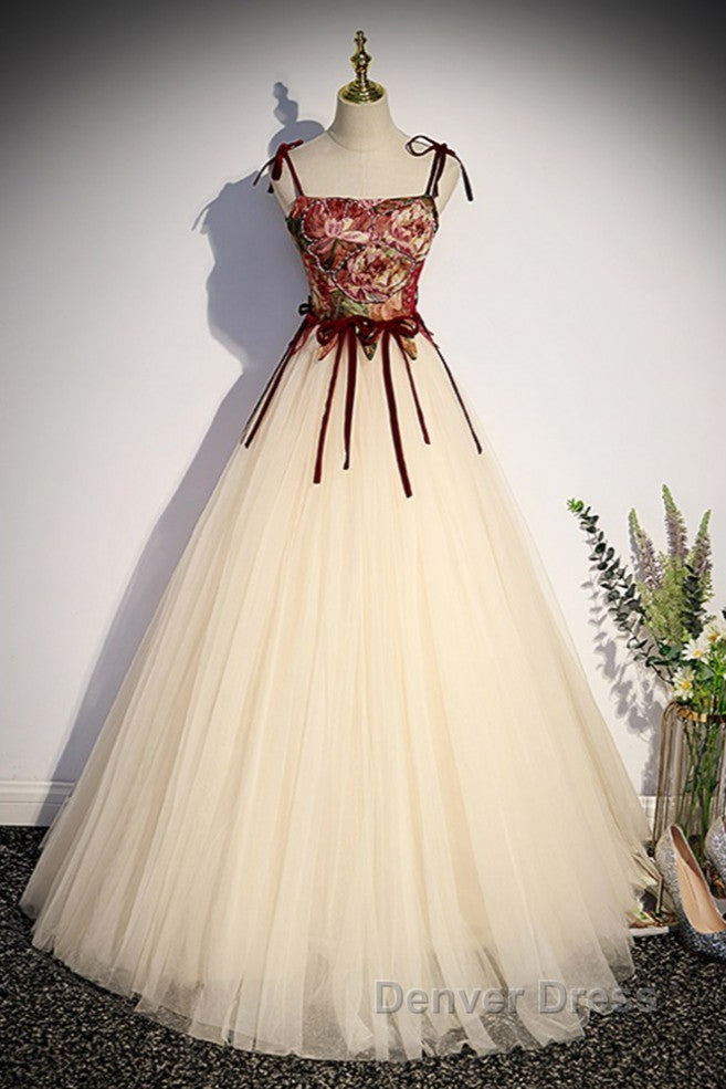 Flowers Champagne Long Tulle Prom Dresses with Straps Secondary image