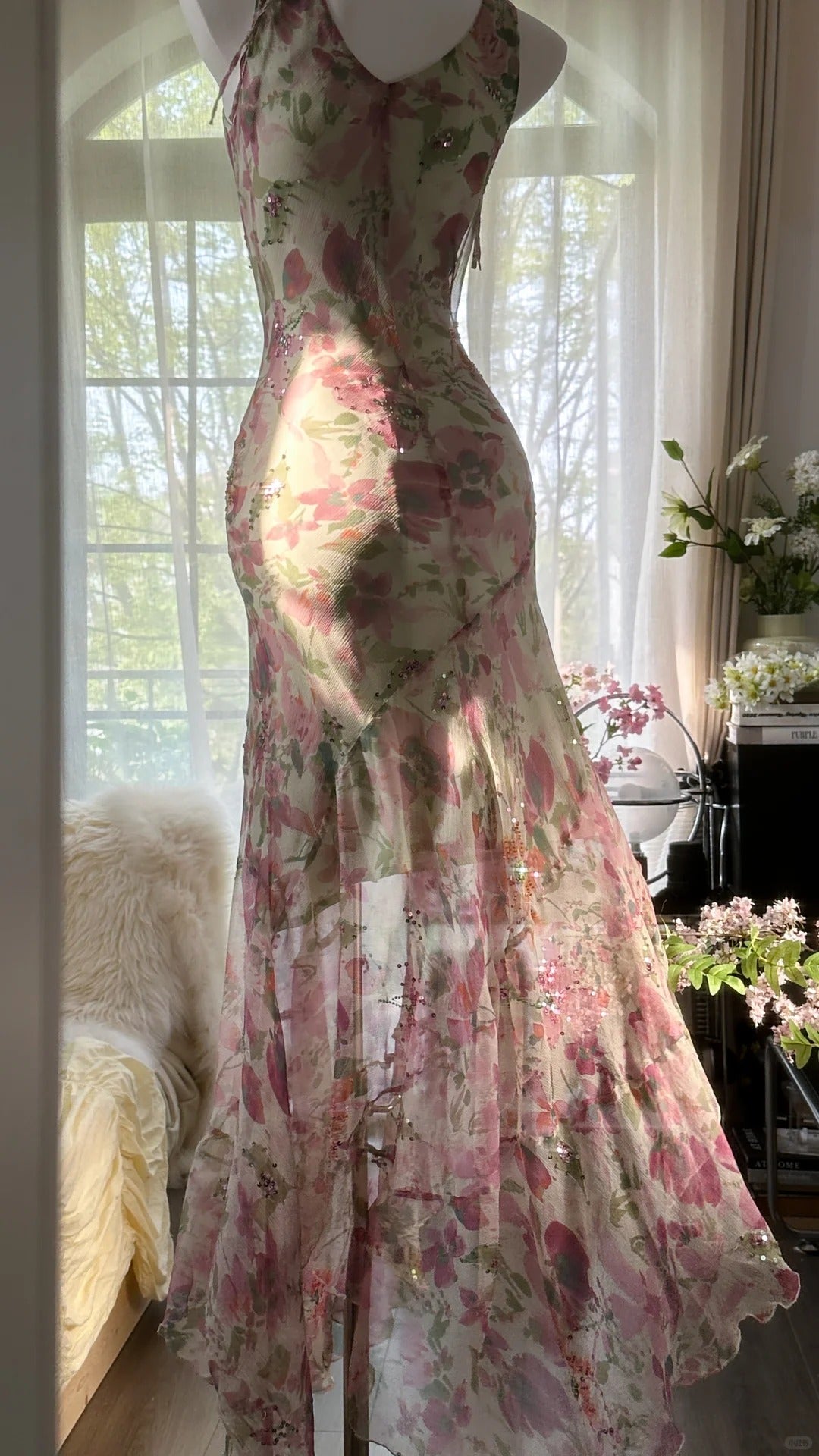 Flowing Chiffon Sequin Print Pink Irregular Skirt Prom Dresses