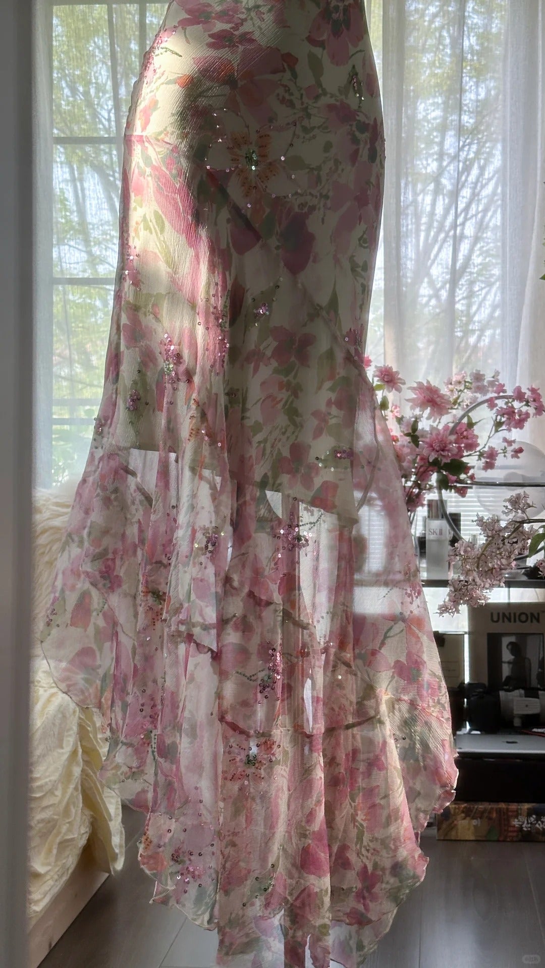 Flowing Chiffon Sequin Print Pink Irregular Skirt Prom Dresses