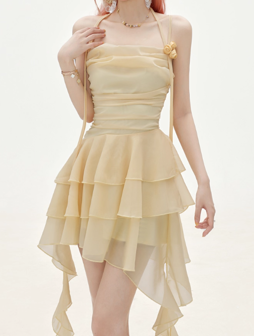 Flowy A Line Halter Layered Yellow Chiffon Open Back Short Homecoming Dress Cocktail Dresses