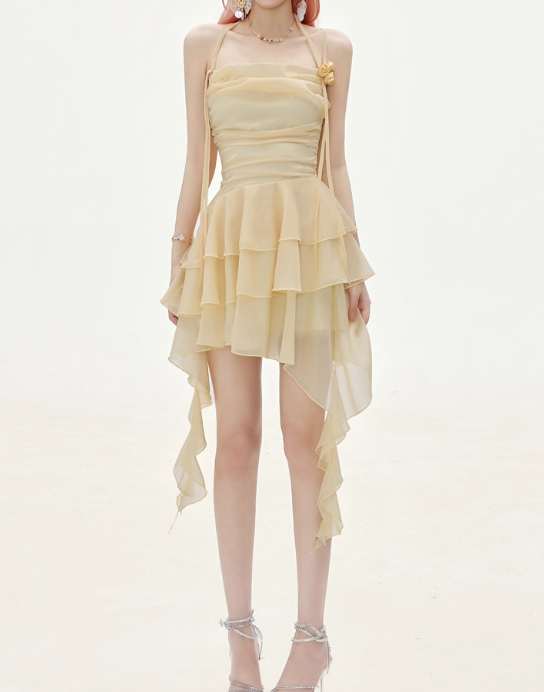 Flowy A Line Halter Layered Yellow Chiffon Open Back Short Homecoming Dress Cocktail Dresses