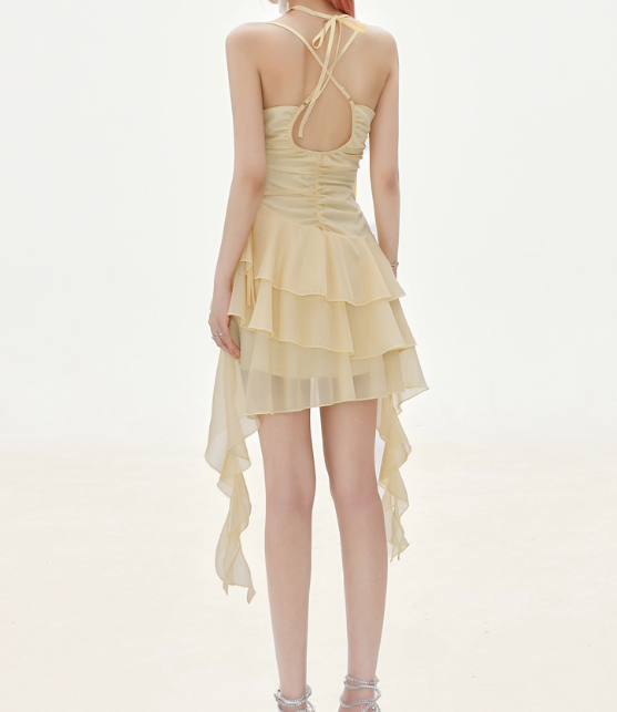 Flowy A Line Halter Layered Yellow Chiffon Open Back Short Homecoming Dress Cocktail Dresses