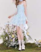 Flowy A Line Halter Layered Yellow Chiffon Open Back Short Homecoming Dress Cocktail Dresses