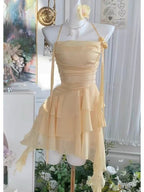Flowy A Line Halter Layered Yellow Chiffon Open Back Short Homecoming Dress Cocktail Dresses