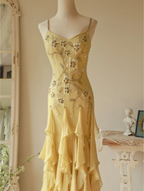 Flowy Strapless Yellow Beaded Jellyfish Skirt Chiffon Prom Dresses