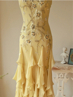 Flowy Strapless Yellow Beaded Jellyfish Skirt Chiffon Prom Dresses