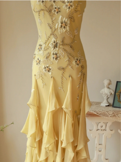 Flowy Strapless Yellow Beaded Jellyfish Skirt Chiffon Prom Dresses