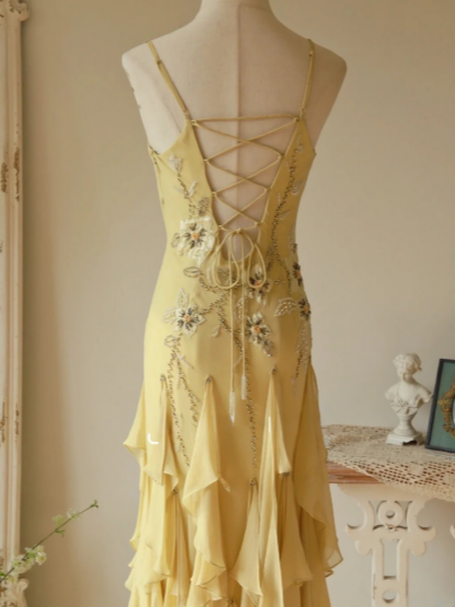 Flowy Strapless Yellow Beaded Jellyfish Skirt Chiffon Prom Dresses