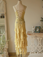 Flowy Strapless Yellow Beaded Jellyfish Skirt Chiffon Prom Dresses
