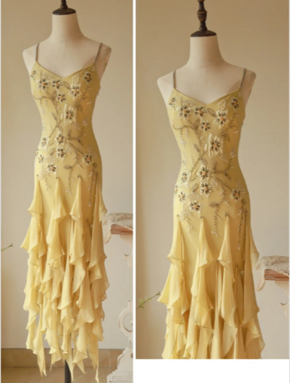 Flowy Strapless Yellow Beaded Jellyfish Skirt Chiffon Prom Dresses