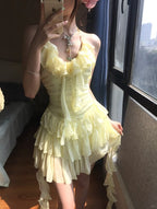 Flowy Yellow Chiffon Ruffle Mini 17Th Birthday Homecoming Dresses