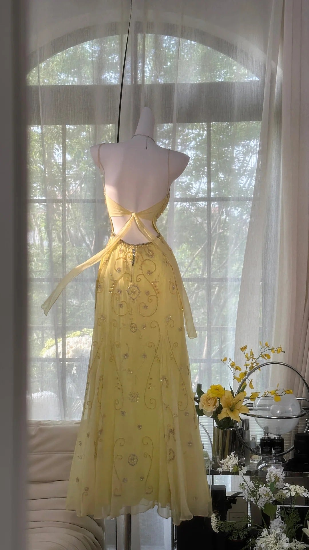 Flowy Yellow Spaghetti Strap Chiffon Beaded Mermaid Evening Gown Prom Dresses Secondary image