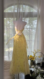 Flowy Yellow Spaghetti Strap Chiffon Beaded Mermaid Evening Gown Prom Dresses
