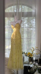 Flowy Yellow Spaghetti Strap Chiffon Beaded Mermaid Evening Gown Prom Dresses