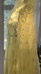 Flowy Yellow Spaghetti Strap Chiffon Beaded Mermaid Evening Gown Prom Dresses