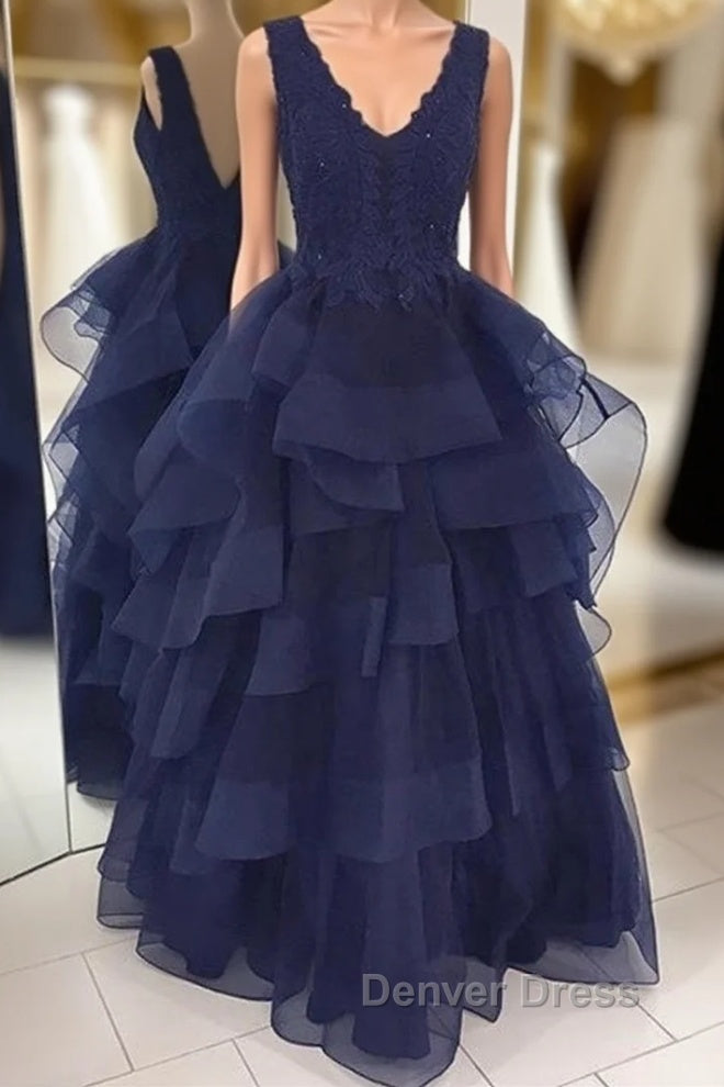 Fluffy V Neck Backless Navy Blue Lace Long Prom Dress, Open Back Navy Blue Lace Prom Dress, Navy Blue Lace Prom Dresses, Ball Gowns