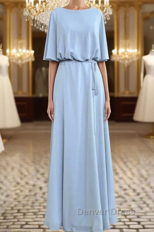Flutter Sleeves Chiffon Sky Blue Bridesmaid Dress with Sash Bow Max Dresses