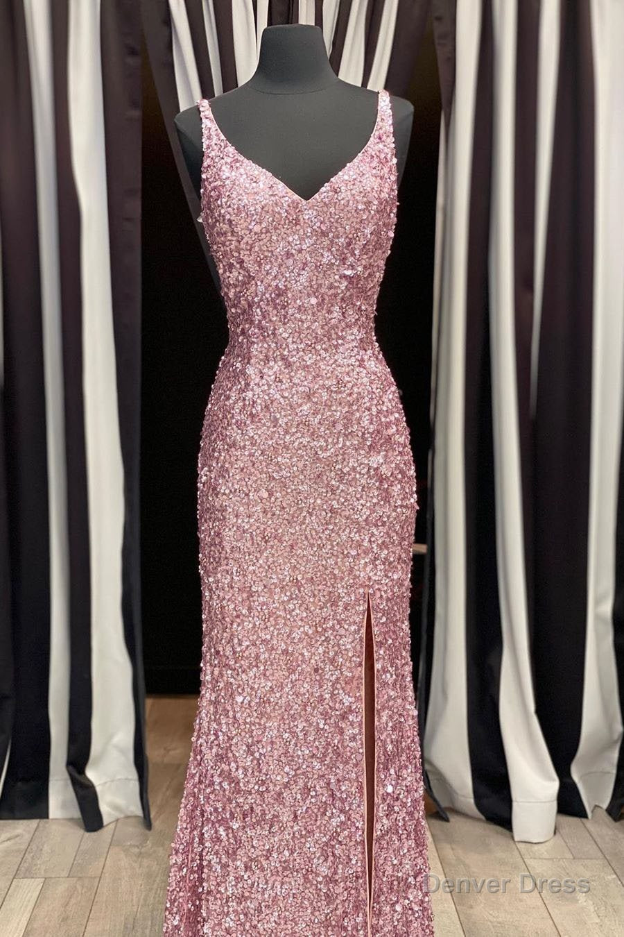 Gorgeous Mermaid V Neck Straps Pearl Pink Sequin Long Prom Dresses, Prom Outfits With Slit Main image