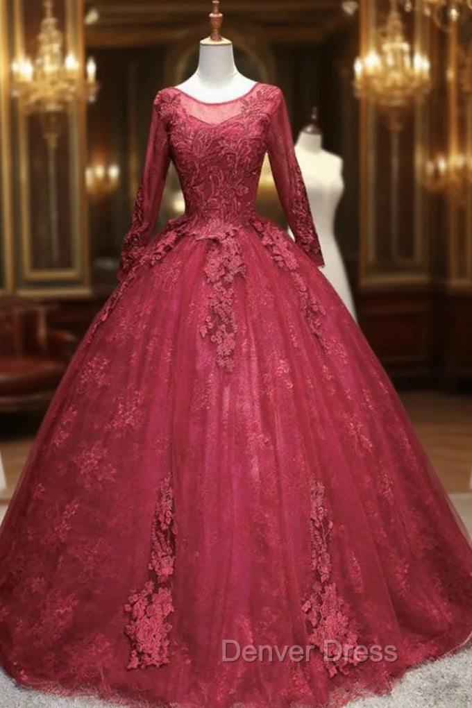 For This Year Biggest Dance Burgundy Ball Gown Long Sleeve Appliques Beading Quinceanera Dresses Main image