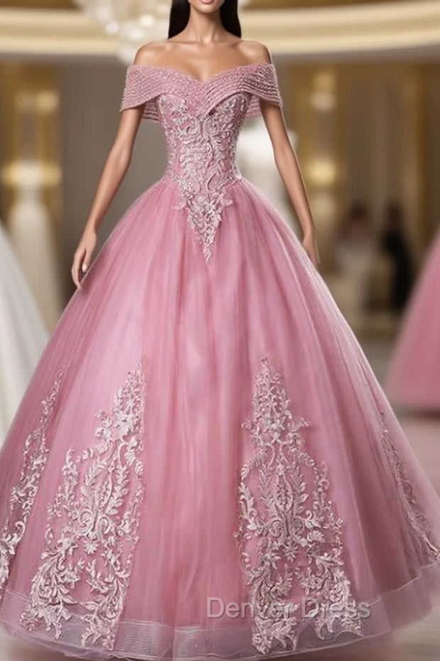 For This Year Biggest Dance Pink Ball Gowns Tulle Appliques Beading Off twe Shoulder Quinceanera Dresses