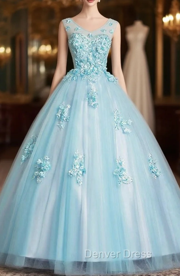 For This Year Biggest Dance Sky Blue Ball Gown Tulle Appliques V-neck Quinceanera Dresses Main image