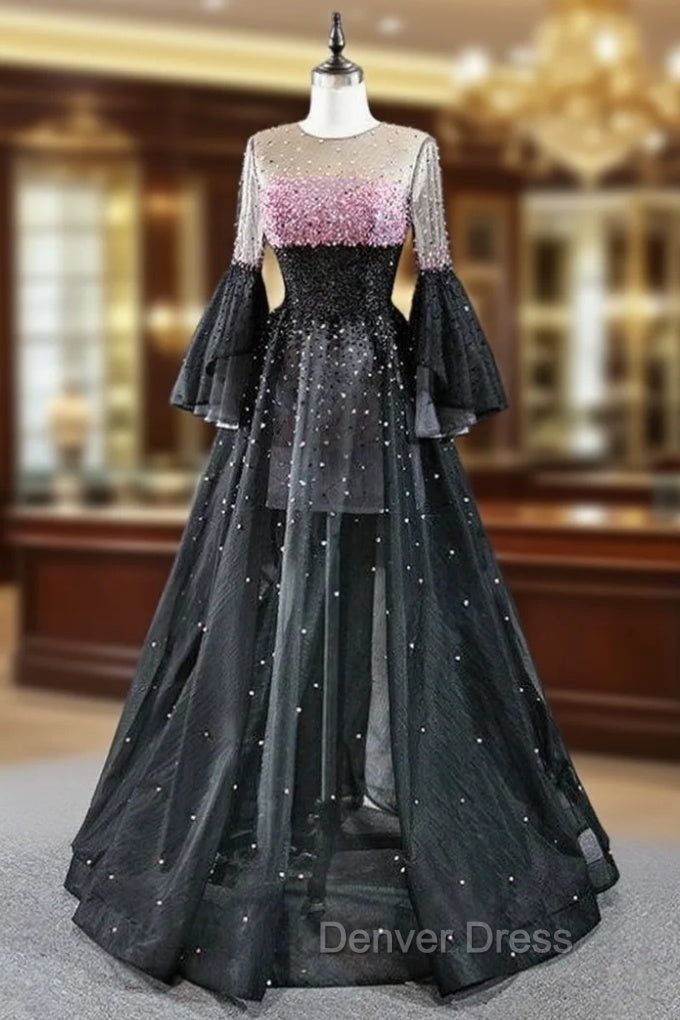For You Next Prom Dance Black Ball Gown Tulle Long Sleeve Beading Prom Dresses Main image
