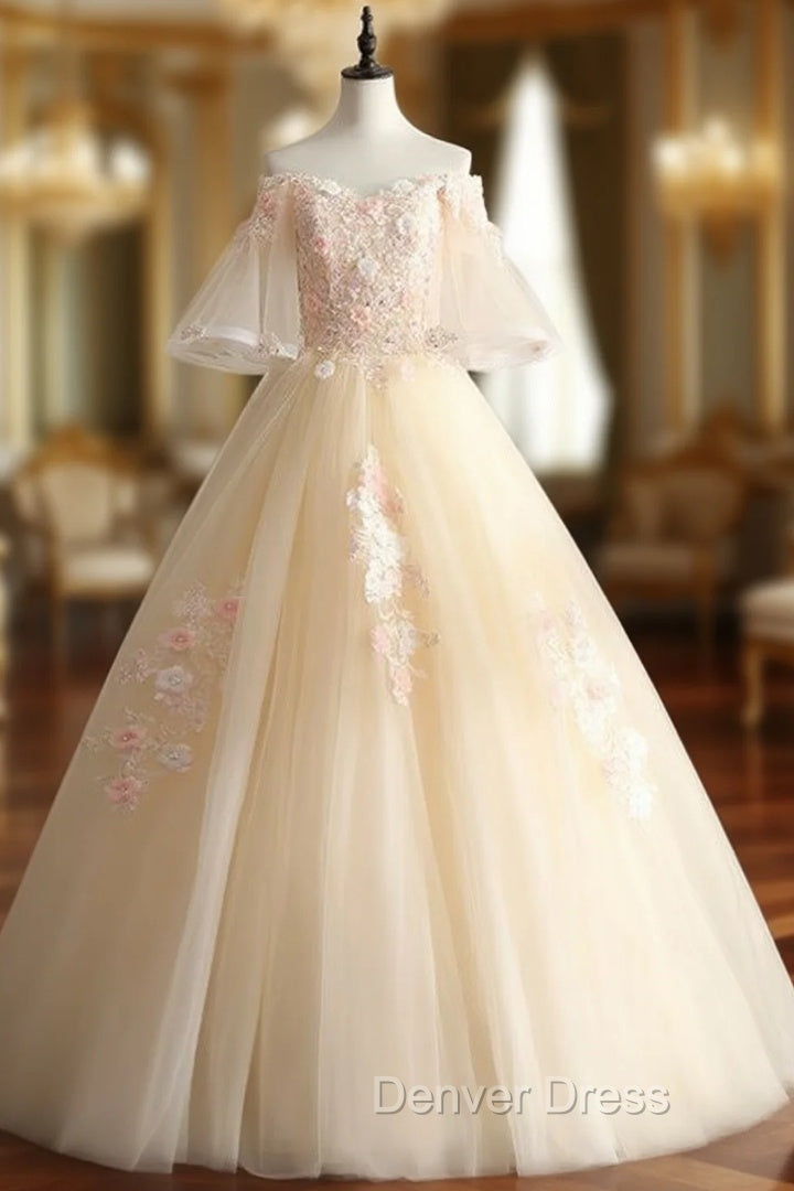 For You Next Prom Dance Champagne Ball Gown Tulle Off the Shoulder Horn Sleeve Quinceanera Dresses Main image