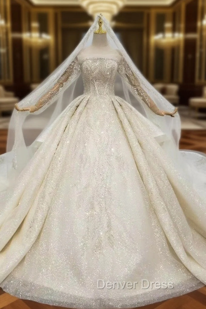 For You Next Prom Dance Champagne Ball Gowns Tulle Sequins Beading Off the Shoulder Wedding Dresses With Removable Train