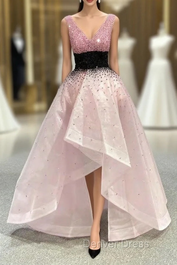 For You Pink Organza V Neck Heavy Beading Prom Dresses