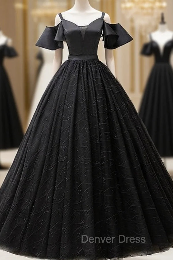 For Your Big Night Black Ball Gown Tulle Spagehtti Straps Quinceanera Dresses