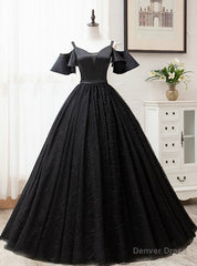 For Your Big Night Black Ball Gown Tulle Spagehtti Straps Quinceanera Dress