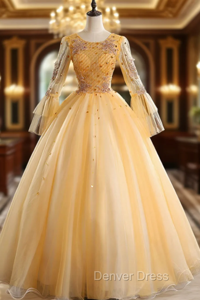 For Your Big Night Gold Ball Gown Tulle Long Sleeve Beading Quinceanera Dresses