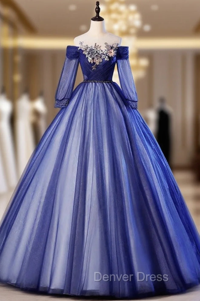 For Your Big Night Navy Blue Ball Gown Tulle Long Sleeve Appliques Quinceanera Dresses