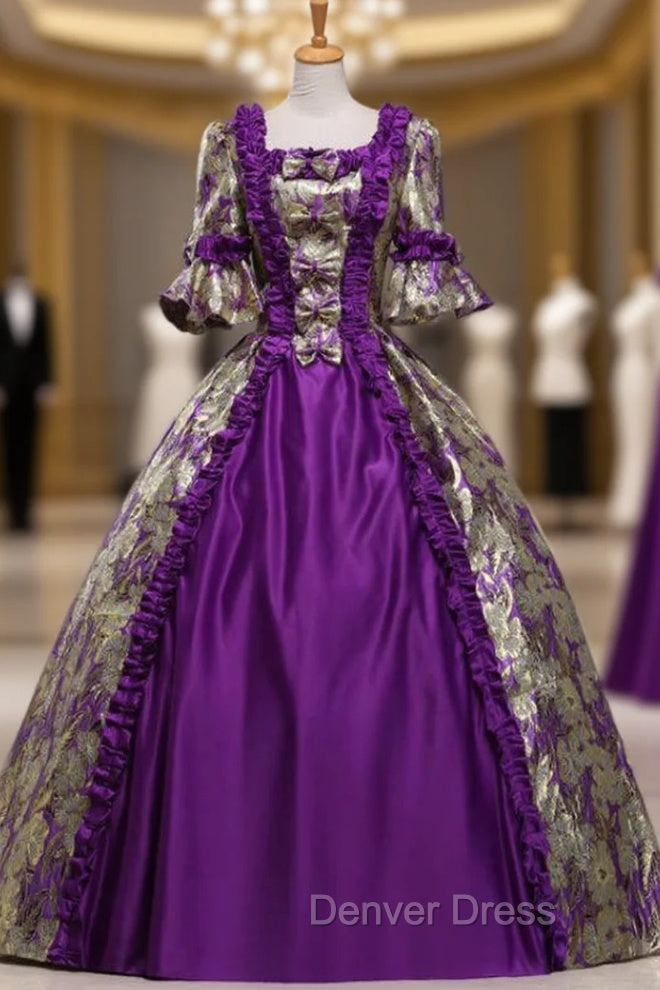 For Your Big Night Purple Ball Gowns Satin Square Short Sleeve Antonietta Rococo Vintage Dresses