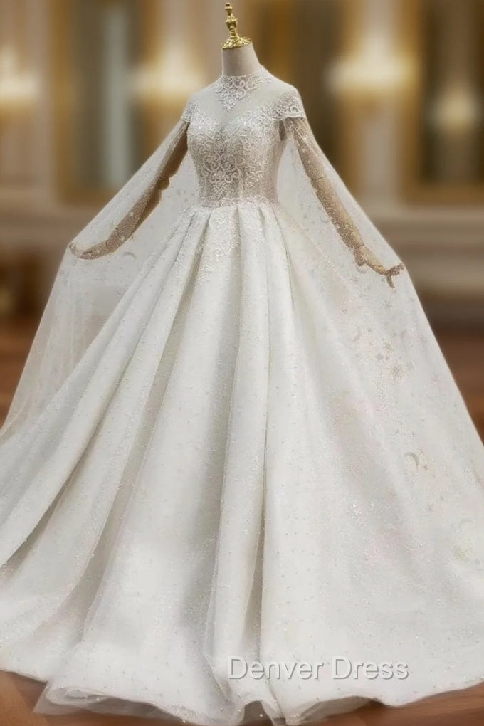 For Your Big Night White Tulle High Neck Cap Sleeve Backless Pearls Beading Wedding Dresses