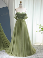 Forest Avocado Green Off-The-Shoulder Sequin Tulle Train Prom Dresses Evening Dresses