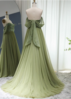 Forest Avocado Green Off-The-Shoulder Sequin Tulle Train Prom Dresses Evening Dresses