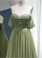 Forest Avocado Green Off-The-Shoulder Sequin Tulle Train Prom Dresses Evening Dresses