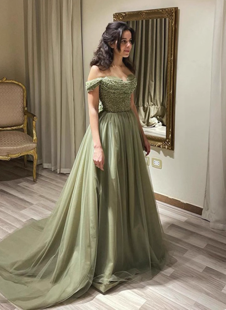 Forest Avocado Green Off-The-Shoulder Sequin Tulle Train Prom Dresses Evening Dresses Main image