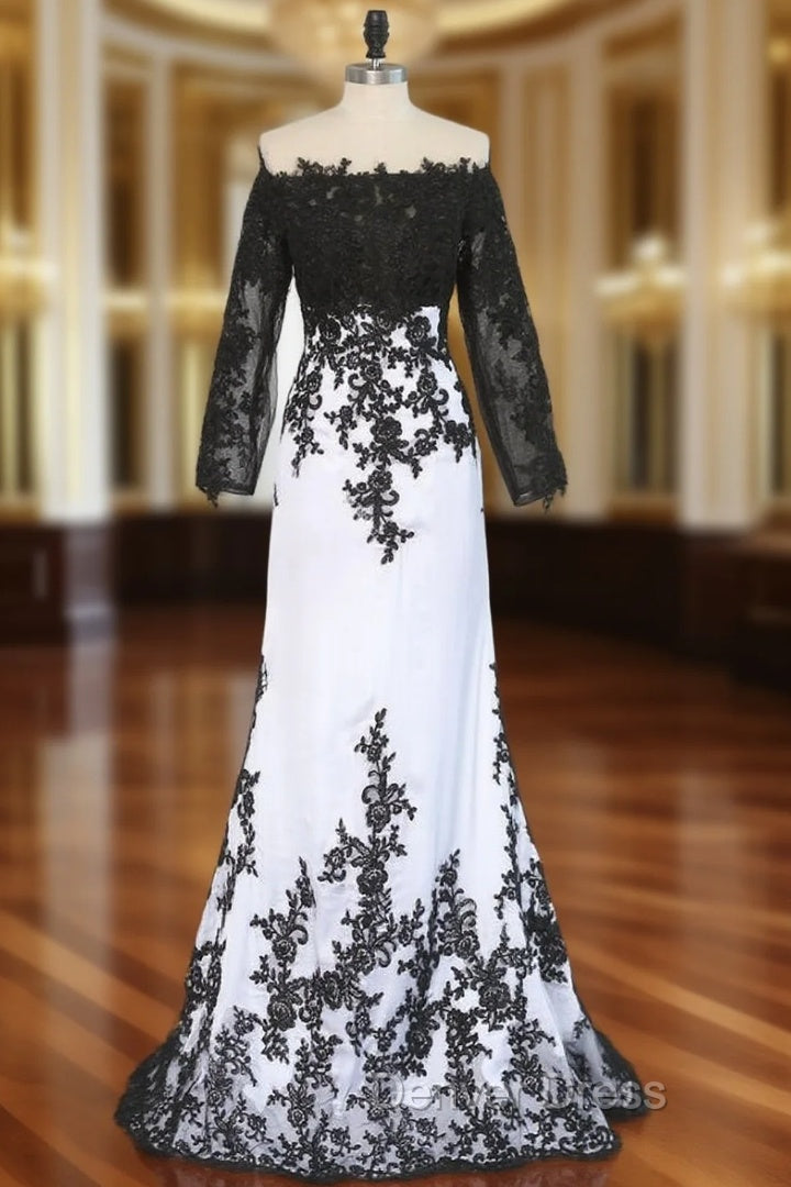 Formal Celebrity Dresses Mermaid Long Sleeves Evening Dresses Black White Appliques Main image
