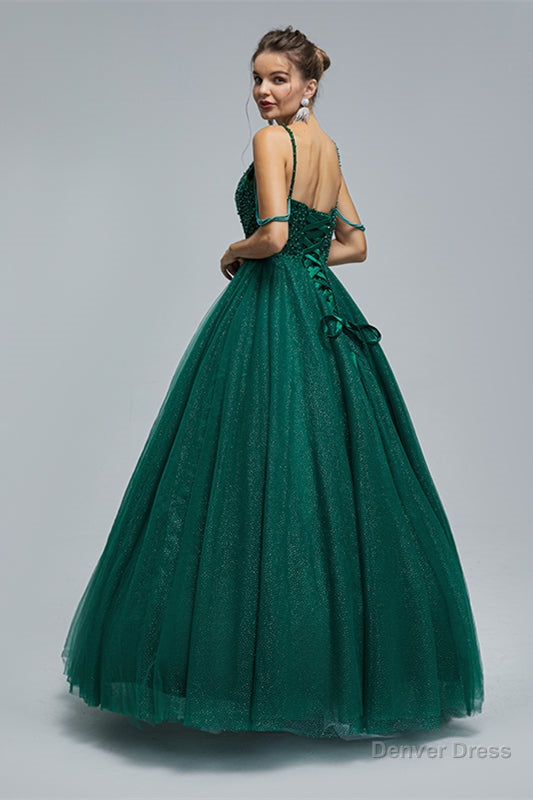 Dark Green Lace Up Beading Long Prom Dresses