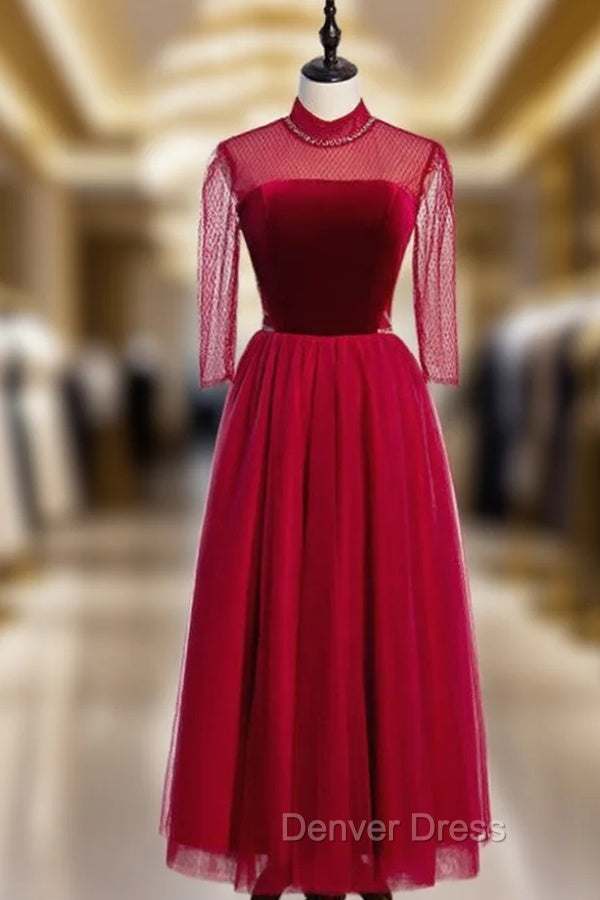 Formal Tulle Burgundy Short Sleeve High Neck Prom Dresses Main image