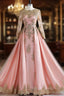 Promly Gold Lace Appliques Pink Tulle Long Sleeve Prom Dresses