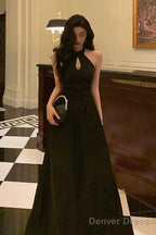 French A Line Halter Sleeveless Black Prom Dresses Birthday Outfits